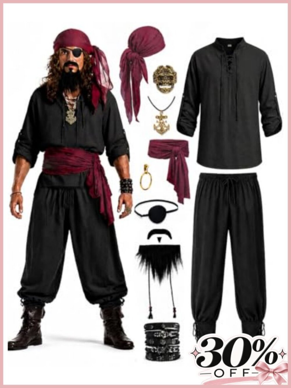 10PCS Men's Pirate Costume Set Renaissance Medieval Viking Cosplay